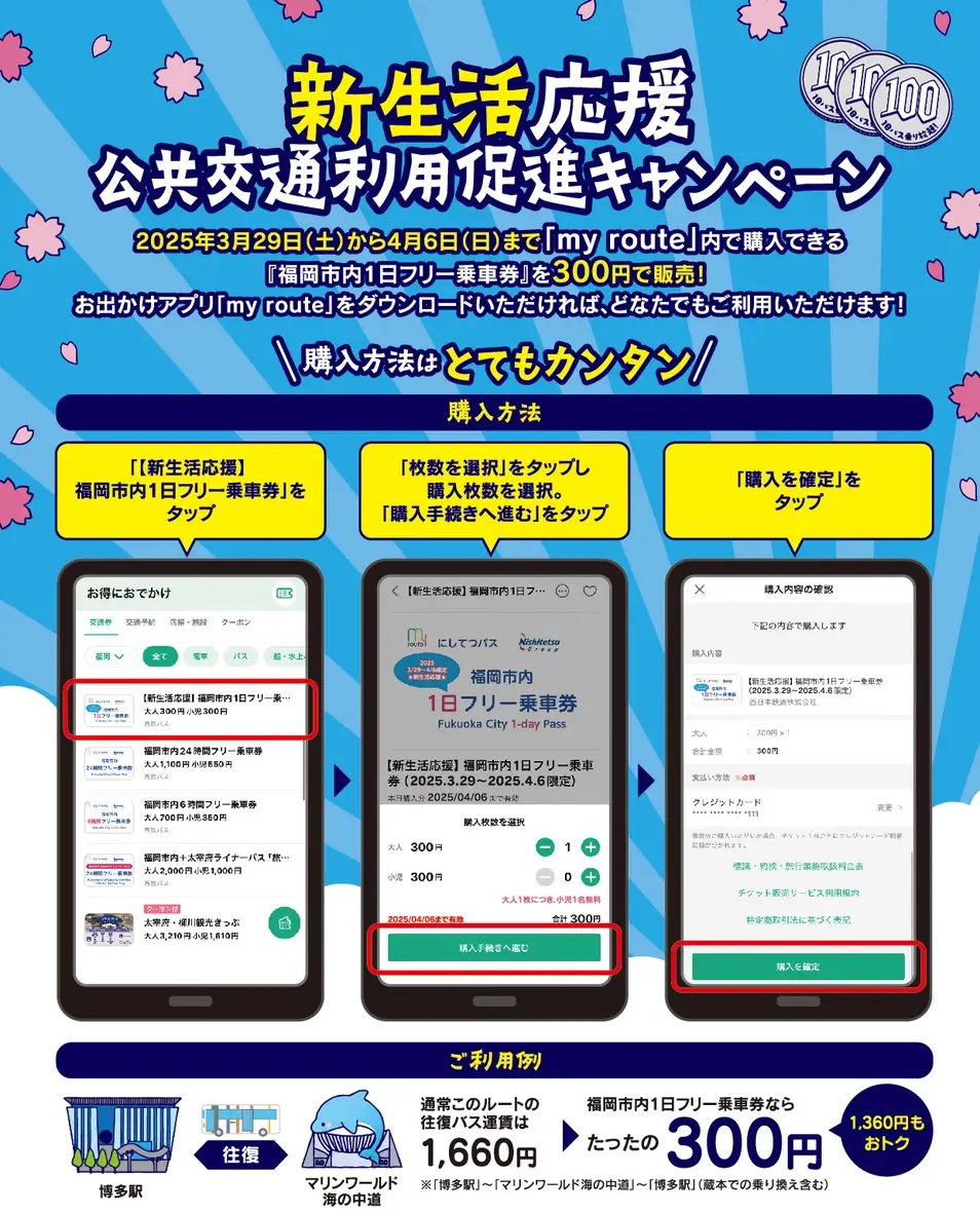 2025年3月29日(土)～4月6日(日)の期間限定で、「my route」内で使用できる『西鉄バス　福岡市内1日フリー乗車券』が通常より約8割引となる300円(税込)で販売される「新生活応援キャンペーン」が開催されます。
